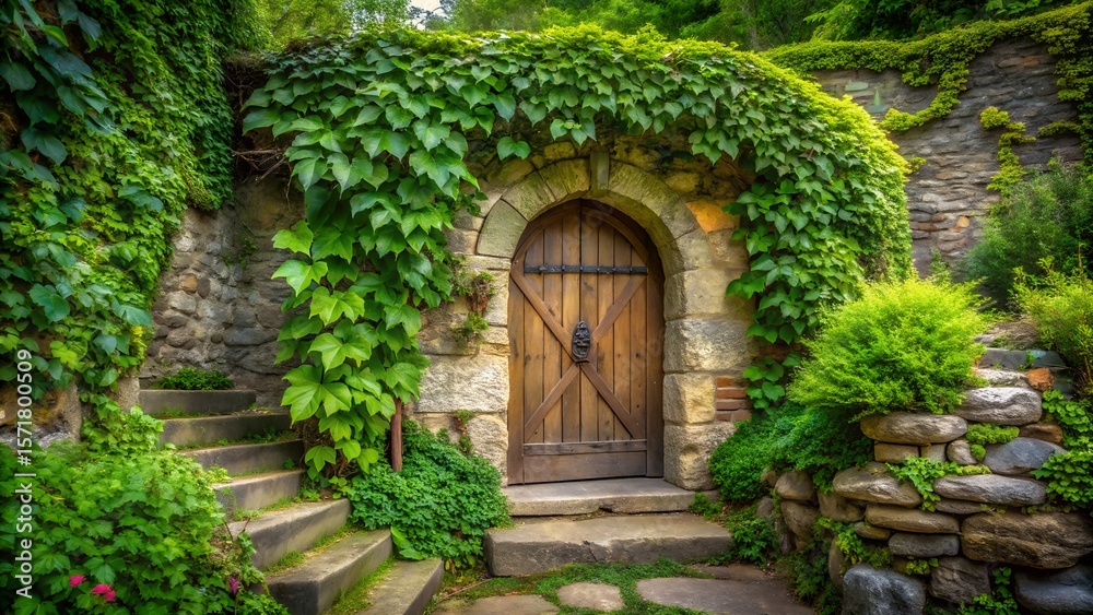 Rustic stone doorway surrounded by lush greenery
Rustic stone doorway surrounded by lush greenery