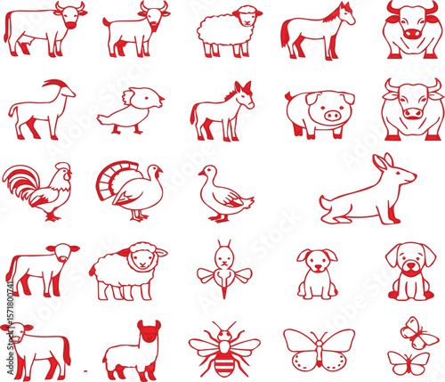 Poultry & Livestock Line Icons: Duck, Turkey, Chick, Sheep Linear Vector Symbols