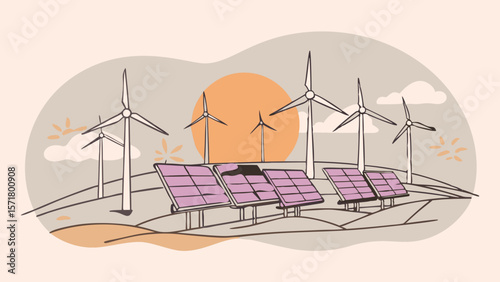 Wind turbines in the countryside – clean energy for the future.  Renewable energies in the landscape. Vector illustration.