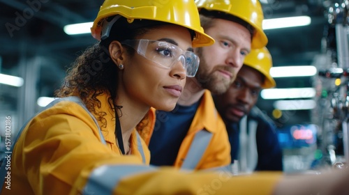 Three construction workers wearing safety helmets and protective glasses focused on project work photo