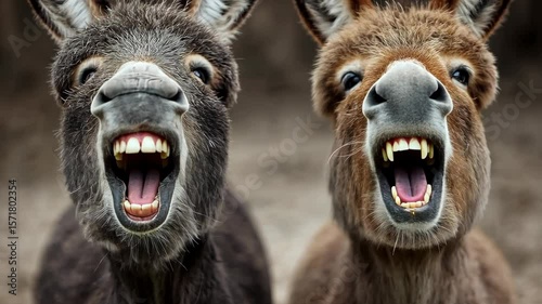 Close-up of a donkey with its mouth open in a goofy expression, teeth showing in a candid animal humor shot.
