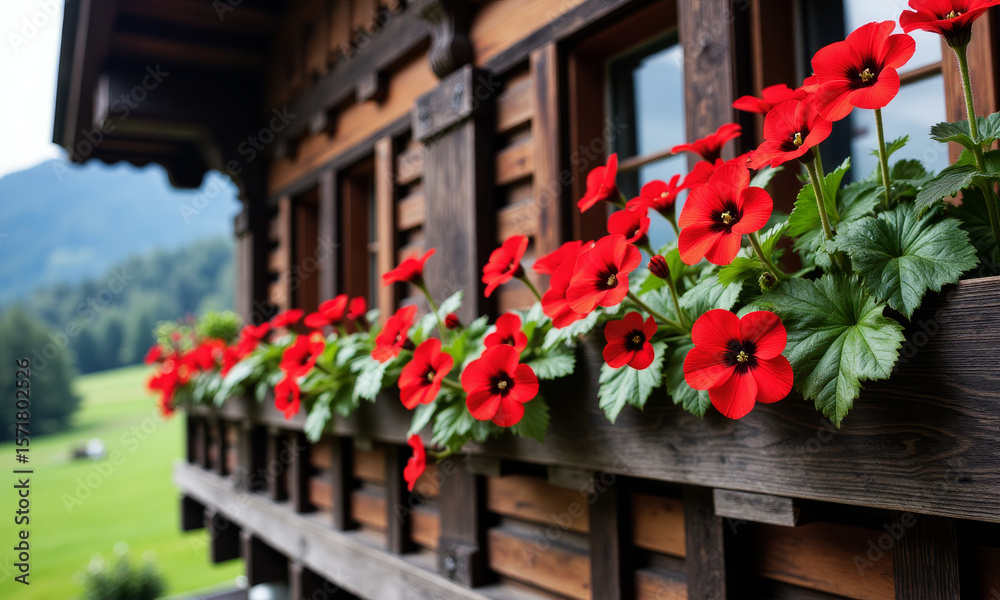 Naklejka premium A Traditional Swiss Chalet Balcony Decorated with Red Geraniums Focusing on a Single Vibrant Petal