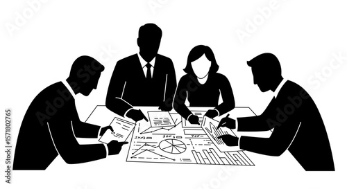 Business team analyzing charts around table for strategy meeting
