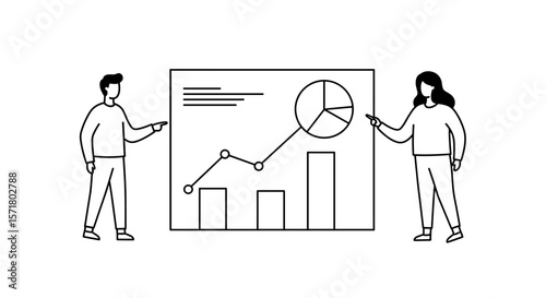  Two people with chart and analytics board in outline style for reports