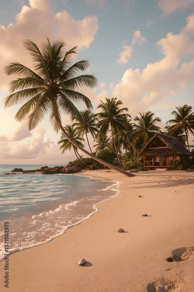 Obraz premium Pastel Dreams: Tranquil Island Paradise at Sunset, Great for high-resolution wall art, meditation or relaxation apps, ambient desktop wallpapers, or mindfulness content emphasizing calm and beauty