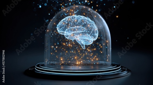A stylized representation of a human brain encapsulated within a glass dome. The image is suggestive of protecting intellect and innovation