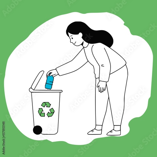 Outline Cartoon Vector of Woman Holding Recycling Symbol, Symbolizing Environmental Awareness or Sustainable Action