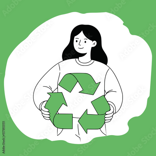 Outline Cartoon Vector of Woman Holding Recycling Symbol, Symbolizing Environmental Awareness or Sustainable Action