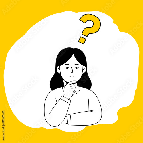 Outline Cartoon Vector of Woman Thinking with Floating Question Mark