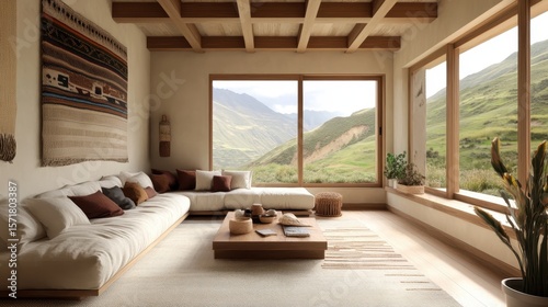 Modern house interior in the Peruvian Andes, blending minimalist design with traditional Andean textile patterns