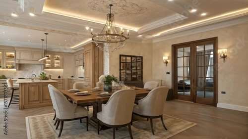 Luxury kitchen and dining room design ideas with chandelier lighting and elegant interior decor style