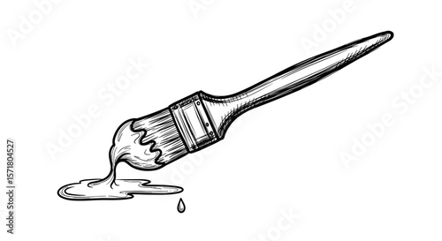 Vintage sketch paintbrush with paint drops doodle vector illustration on white background
