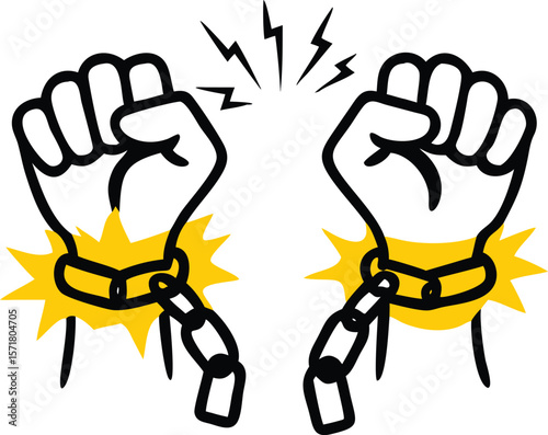 Freedom concept with hands breaking chains. Vector illustration of raised fists and broken shackles for human rights and liberation.
