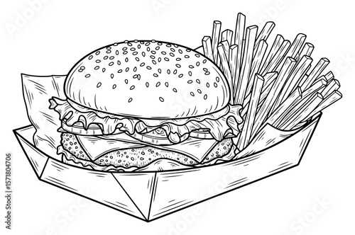 Black and White Illustration of a Burger and Fries Combo in a Tray