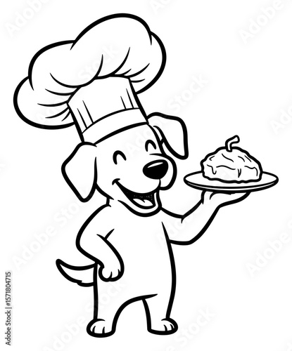 Cute Cartoon Dog Chef Holding a Plate of Food, Black and White Vector Illustration