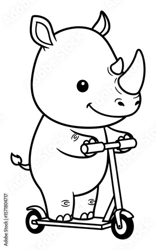 Black and White Line Art of a Cute Cartoon Rhino Riding a Scooter