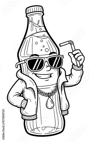 Cartoon Soda Bottle Character with Sunglasses, Chain Necklace, and Straw