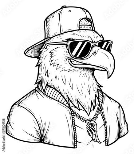 Hip Hop Eagle Cartoon Character in Black and White Outline