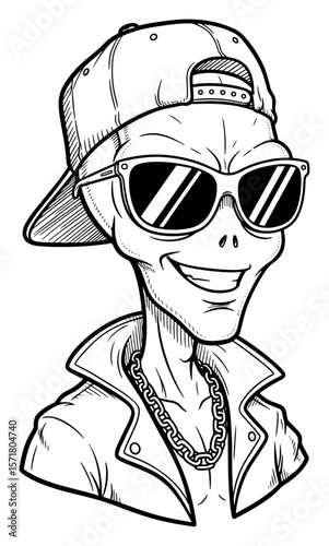 Rad Alien Cartoon Character in a Baseball Cap, Shades and Chain Necklace   Black and White Illustration