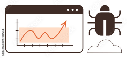 Graph with upward trend in browser window, bug icon, and cloud outline linked to debugging, growth, data. Ideal for software analysis, bug tracking, tech progress, web testing error solving cloud