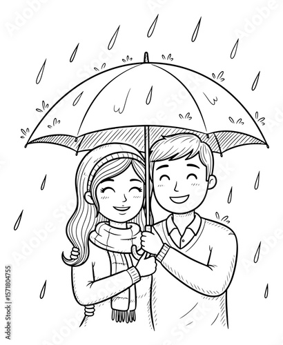 Sketch of a Smiling Couple Sheltering Under an Umbrella in the Rain