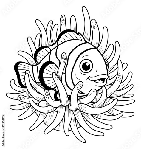 Clownfish and Sea Anemone Line Art Illustration