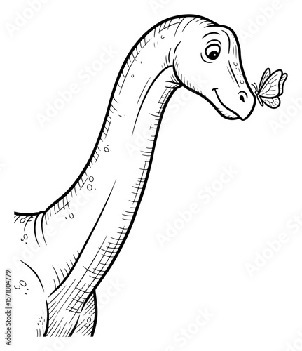 Cartoon Brontosaurus with Butterfly on its Nose, Black and White Illustration
