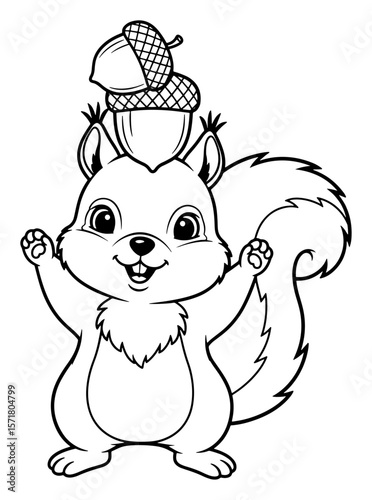 Cartoon Squirrel with Acorn Hat, Black and White Outline