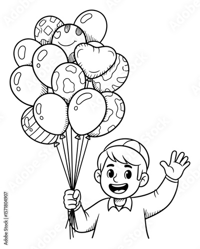 Cartoon Outline of a Boy Holding Balloons and Waving