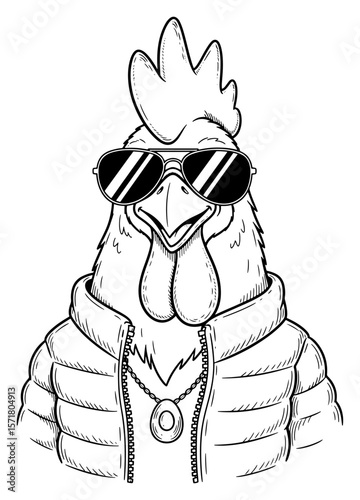 Stylized Drawing of a Cartoon Rooster Wearing Sunglasses and Puffer Vest