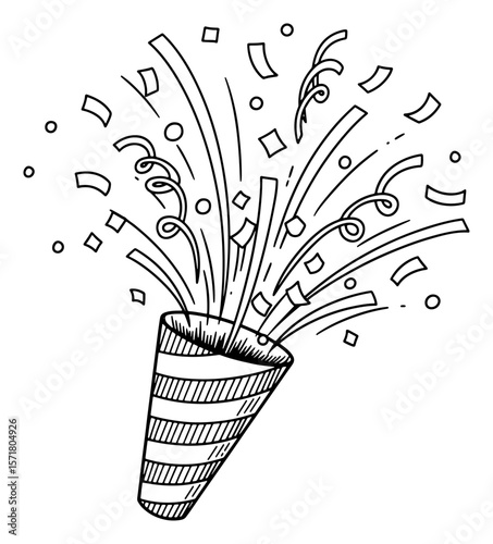 Hand Drawn Black and White Confetti Popping Celebration Party Popper