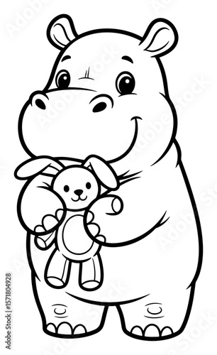 Cute Cartoon Hippo Hugging a Plush Bunny, Black and White Outline
