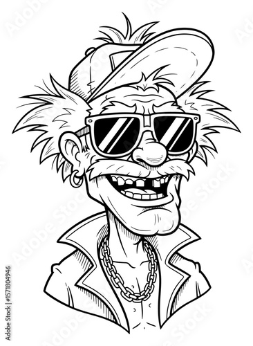 Cartoon Line Art Illustration of a Crazy Senior Man Wearing Sunglasses and a Baseball Cap