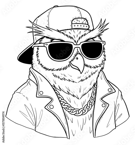Stylish Owl Cartoon Character in Black and White Outline