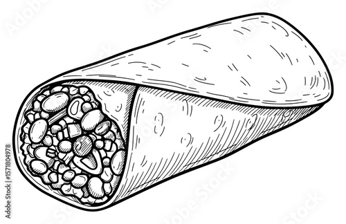 Hand Drawn Black and White Burrito Illustration