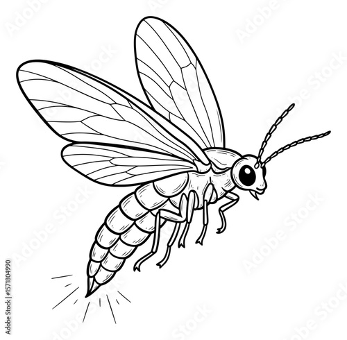 Cartoon Line Art Drawing of a Firefly or Lightning Bug Flying