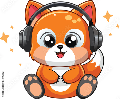 Cute cartoon fox listening to music on headphones. Kawaii animal character vector illustration.
