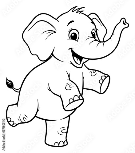 Cheerful Cartoon Elephant Balancing on One Leg, Black and White Line Art
