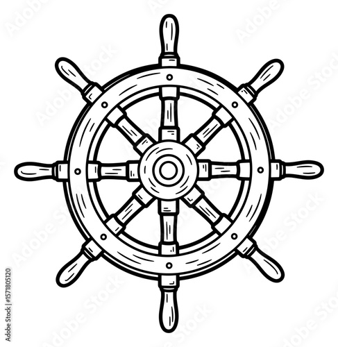 Nautical Ship Wheel Hand Drawn Black and White Illustration
