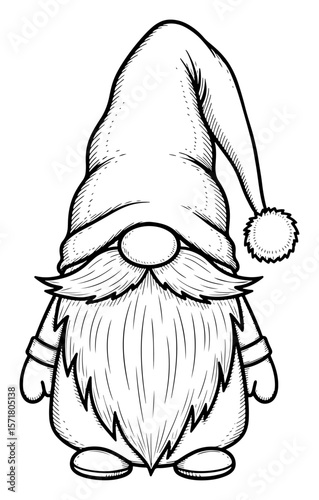Detailed Black and White Line Art Illustration of a Gnome with a Pointed Hat and Bushy Beard