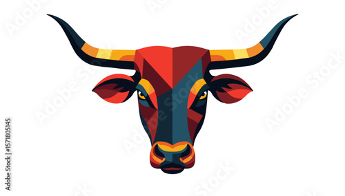 Geometric bull head illustration in red, black, and gold on white background with space to copy, Matador Day concept