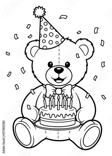 Birthday Teddy Bear Holding a Cake   Black and White Line Art Illustration