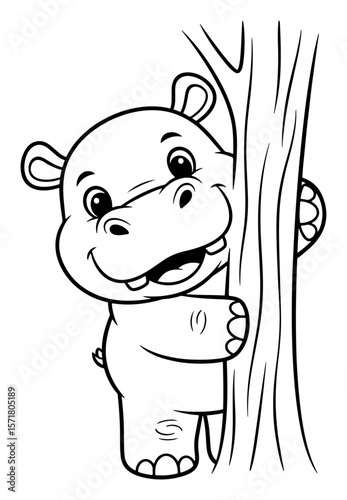 Cartoon Hippopotamus Peeking From Behind a Tree   Black and White Line Art Illustration