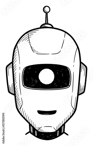 Robot Head Sketch, Black and White Illustration