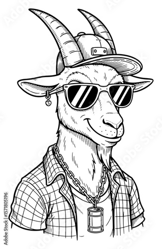 Line Art Illustration of a Hipster Goat with Sunglasses and Plaid Shirt