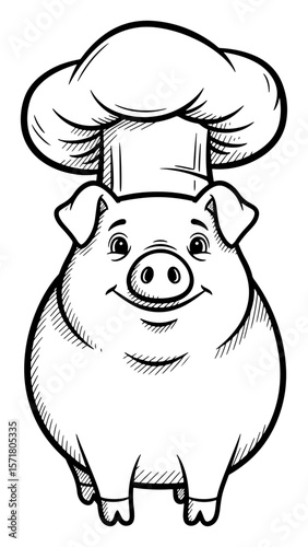 Chef Pig Cartoon in Black and White