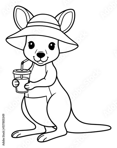 Kangaroo Coloring Page with Hat and Drink