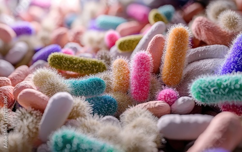Bacterial microbiome form: good cell, flora colony, scientific organism, lactic type, microbial culture, bifidobacteria presence, gut life, rod figure, floating unit, healthy scene, microscopic detail