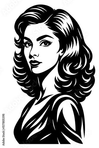 Black and white portrait of elegant woman in retro style for T-shirt print on white background