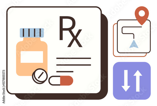 Medication bottle with pills and prescription text complemented by a route map with a location pin and directional arrows. Ideal for healthcare, pharmacy, delivery, logistics, navigation, planning